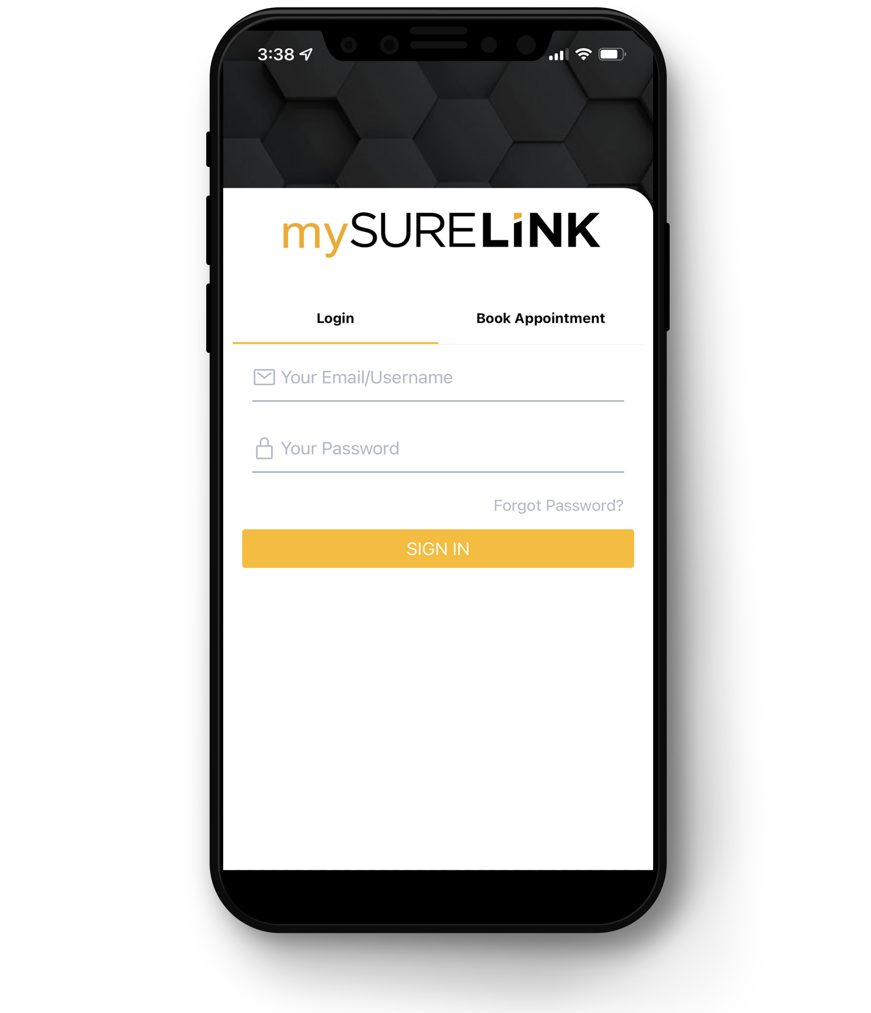 mySureLink App login screen on iphone