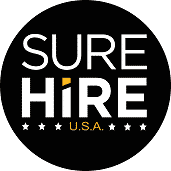 Stacked SureHire USA inside black bubble