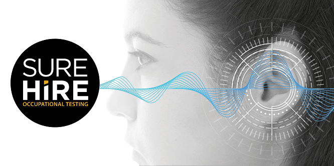 Hearing test showing ear of young woman with sound waves simulation technology